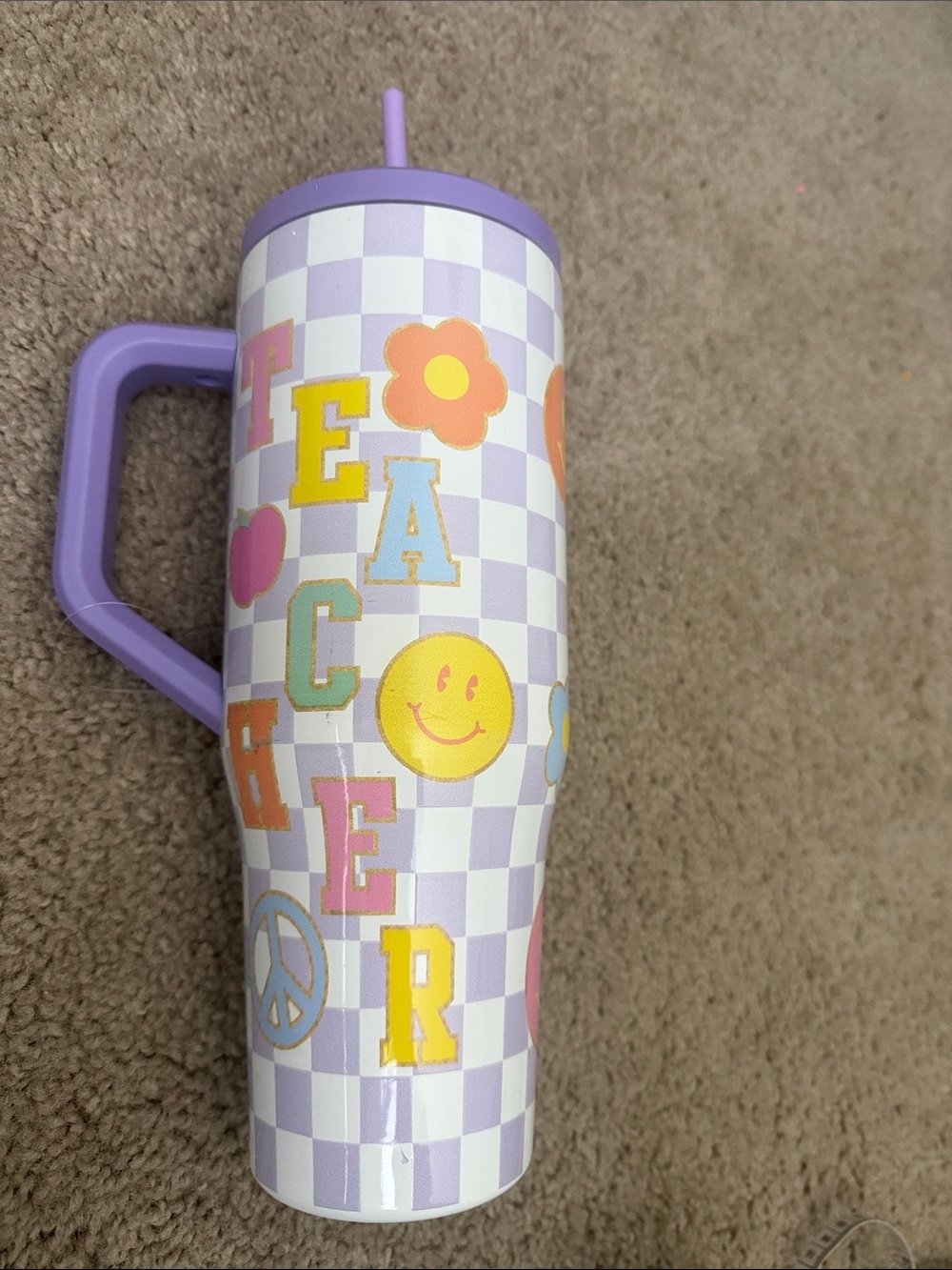 Lavender Checkered Peace Flower Smile Tumbler with Handle